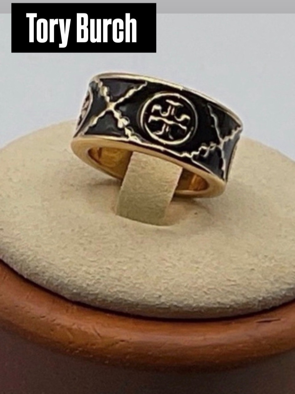 Tory Burch Black Enamel Gold Tone Double T Logo Wide Band Ring Size 8